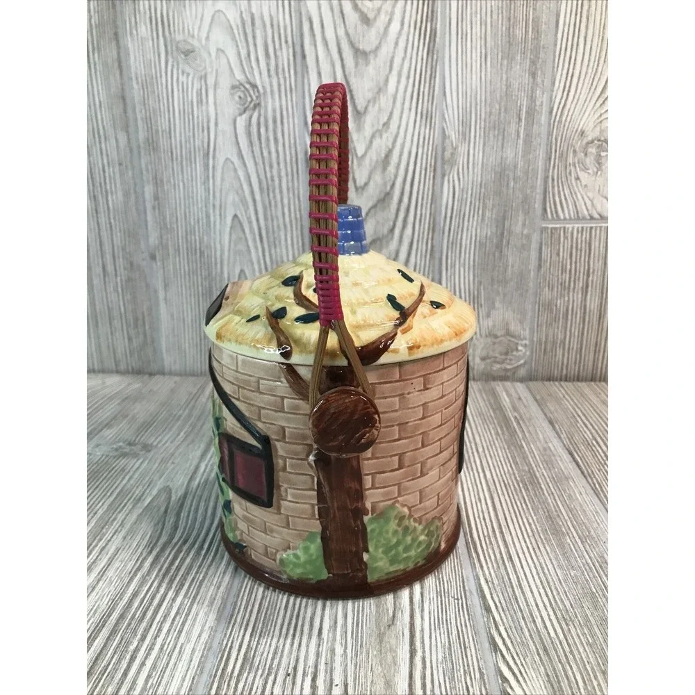 VTG Ceramic Cottage House Cookie Jar Biscuit Barrel Wicker Handle Hand Painted
